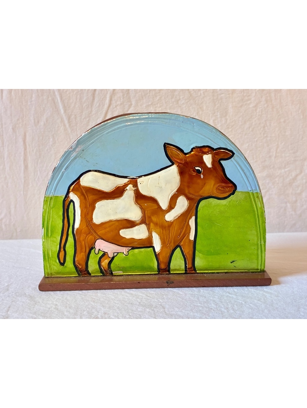 Vintage Hand-Painted Wooden Cow Napkin Holder with Pastoral Design